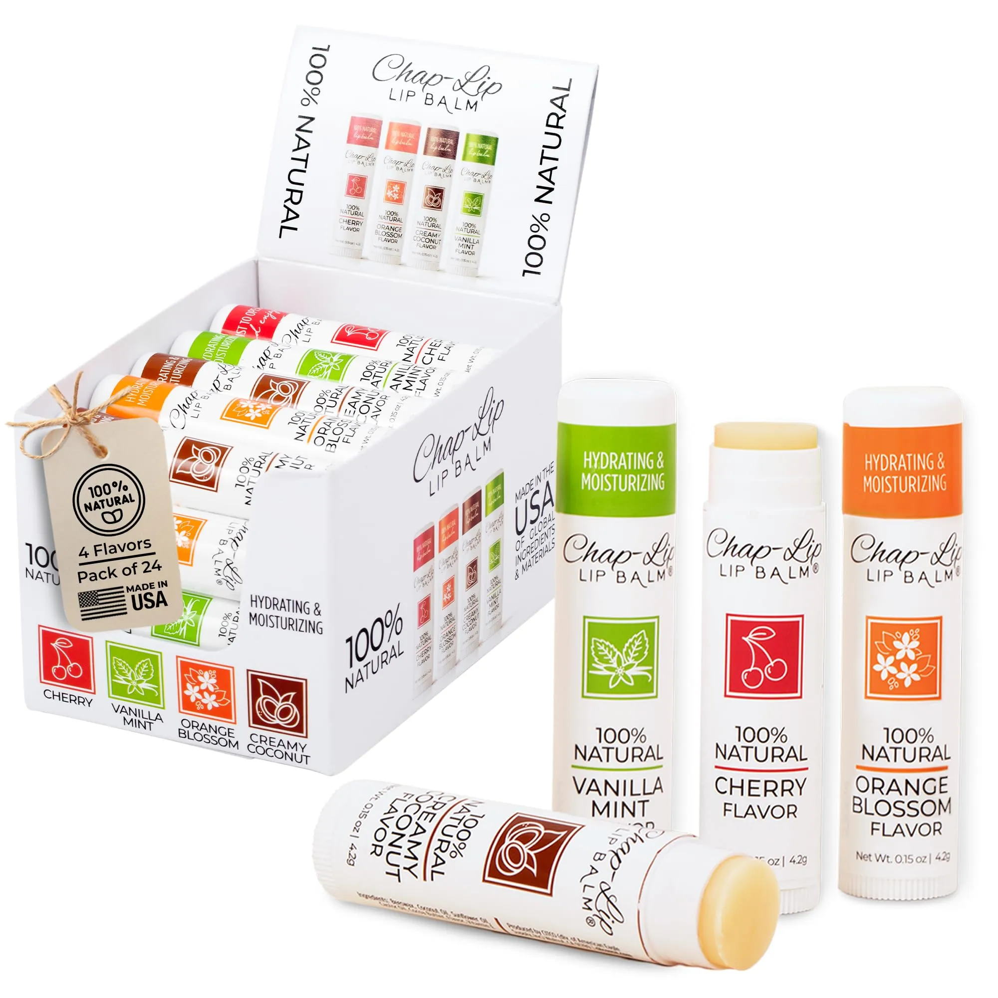 Chap-Lip Lip Balm 100% Natural Lip Balm Set, Hydrating and Moisturizing Beeswax Natural Flavor Assortment, Lip Moisturizer for Dry Lips, Cocoa Butter, Petroleum Free, 24 Count, 2Pack