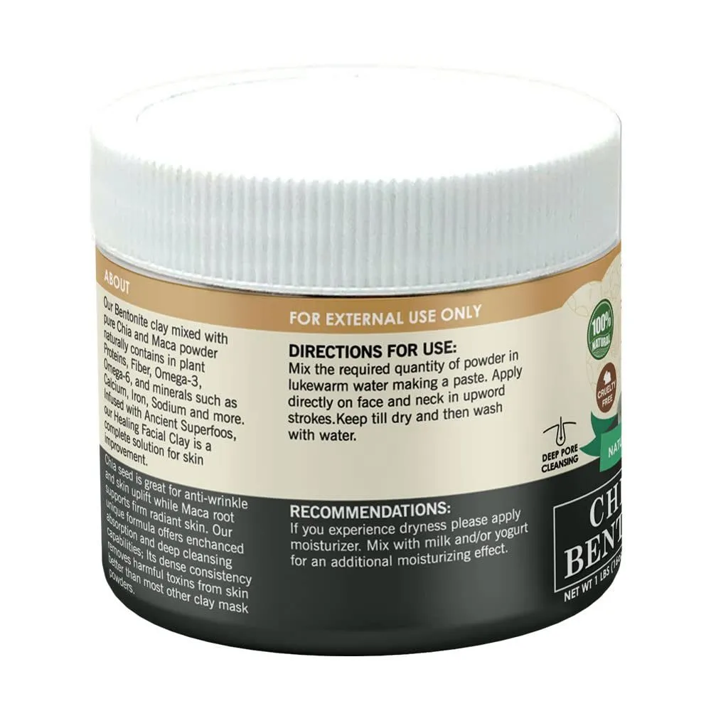 Chia & Maca Bentonite Clay Natural Face Mask Powder, 1 Pound (454gm) Jar by Pride Of India