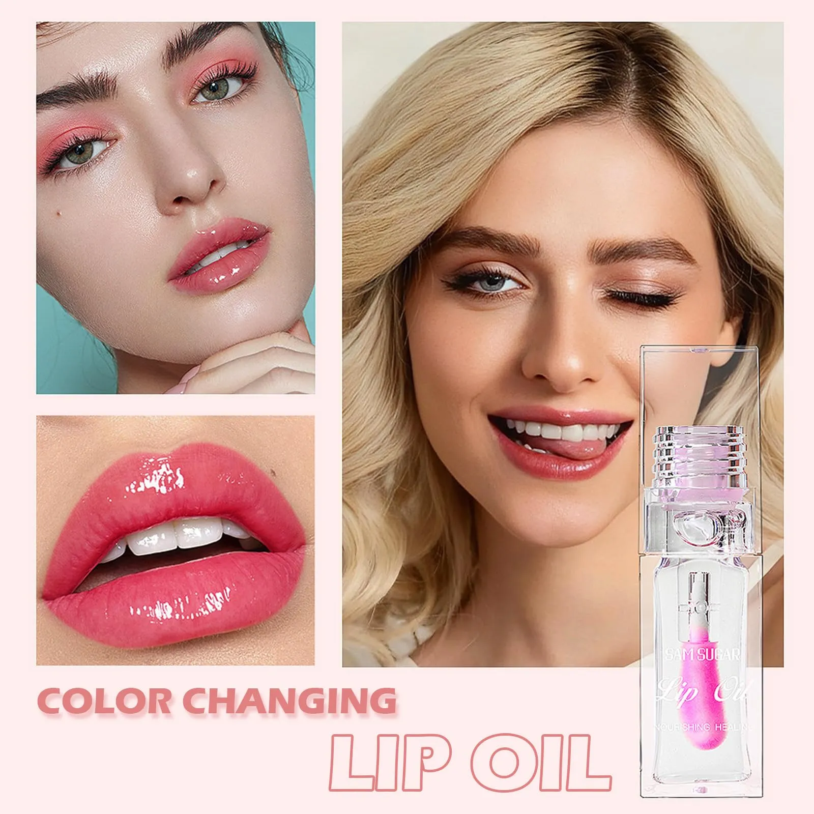 Color Changing Lip Oil,Clear to Pink Magic Big Brush Color Changing Hydrating Lip Glow Oil,Long Lasting Nourishing Non-sticky Lip Oil Tinted for Lip Care and Dry Lips (Pink Transparent)