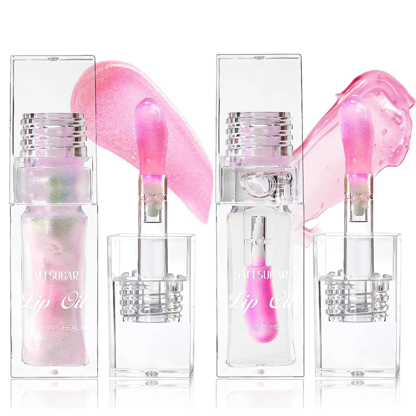 Color Changing Lip Oil,Clear to Pink Magic Big Brush Color Changing Hydrating Lip Glow Oil,Long Lasting Nourishing Non-sticky Lip Oil Tinted for Lip Care and Dry Lips (Pink Transparent)