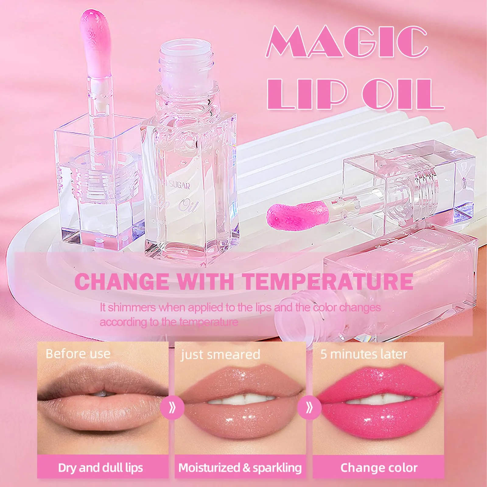Color Changing Lip Oil,Clear to Pink Magic Big Brush Color Changing Hydrating Lip Glow Oil,Long Lasting Nourishing Non-sticky Lip Oil Tinted for Lip Care and Dry Lips (Pink Transparent)