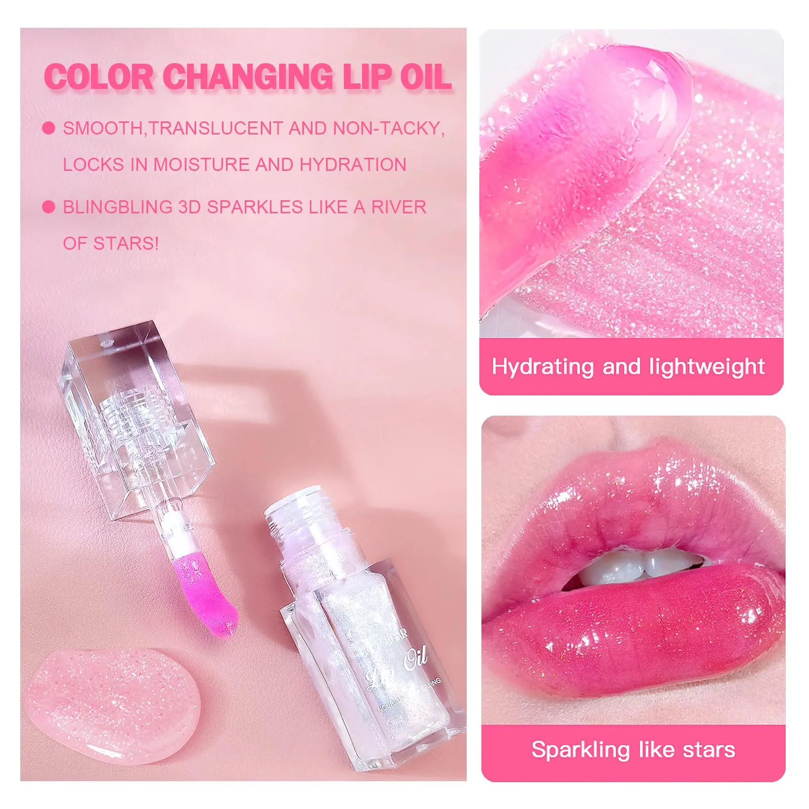 Color Changing Lip Oil,Clear to Pink Magic Big Brush Color Changing Hydrating Lip Glow Oil,Long Lasting Nourishing Non-sticky Lip Oil Tinted for Lip Care and Dry Lips (Pink Transparent)