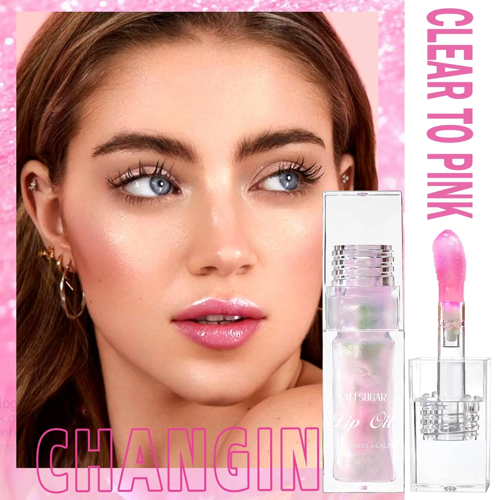 Color Changing Lip Oil,Clear to Pink Magic Big Brush Color Changing Hydrating Lip Glow Oil,Long Lasting Nourishing Non-sticky Lip Oil Tinted for Lip Care and Dry Lips (Pink Transparent)