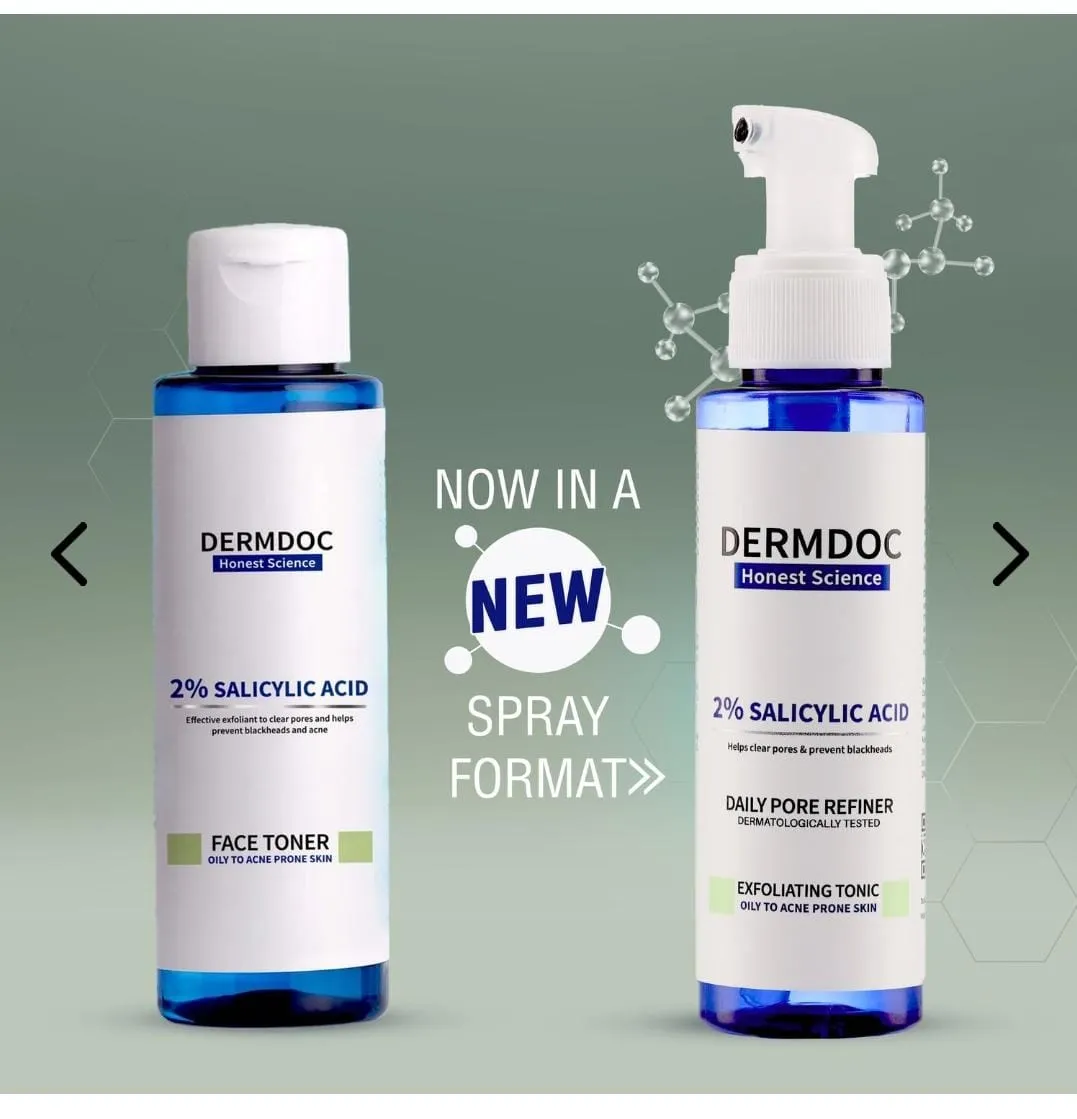 DermDoc 2% Salicylic Acid Face Toner (100 ml) | Toner for Oily Acne Prone Skin | Alcohol Free Toner | Prevents Acne , Sebum Control , Oil Control , Clears Clogged Pores