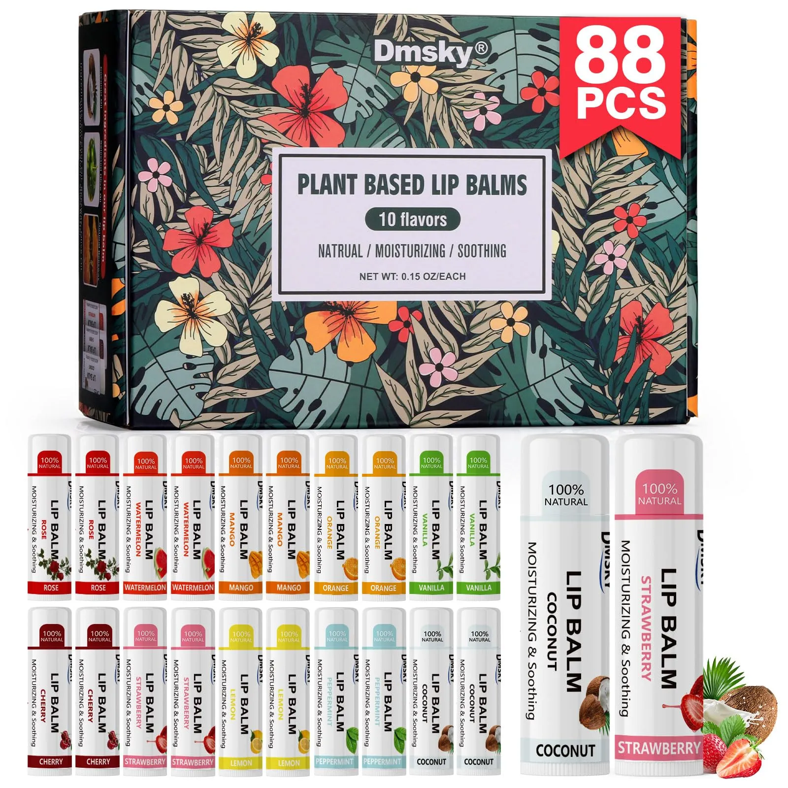 Dmsky Lip Balm Bulk, Fruit Lip Balm Variety Pack, Hydrating Lip Balm for Men Women Kids, 0.15 OZ, 88 count (Pack of 1)