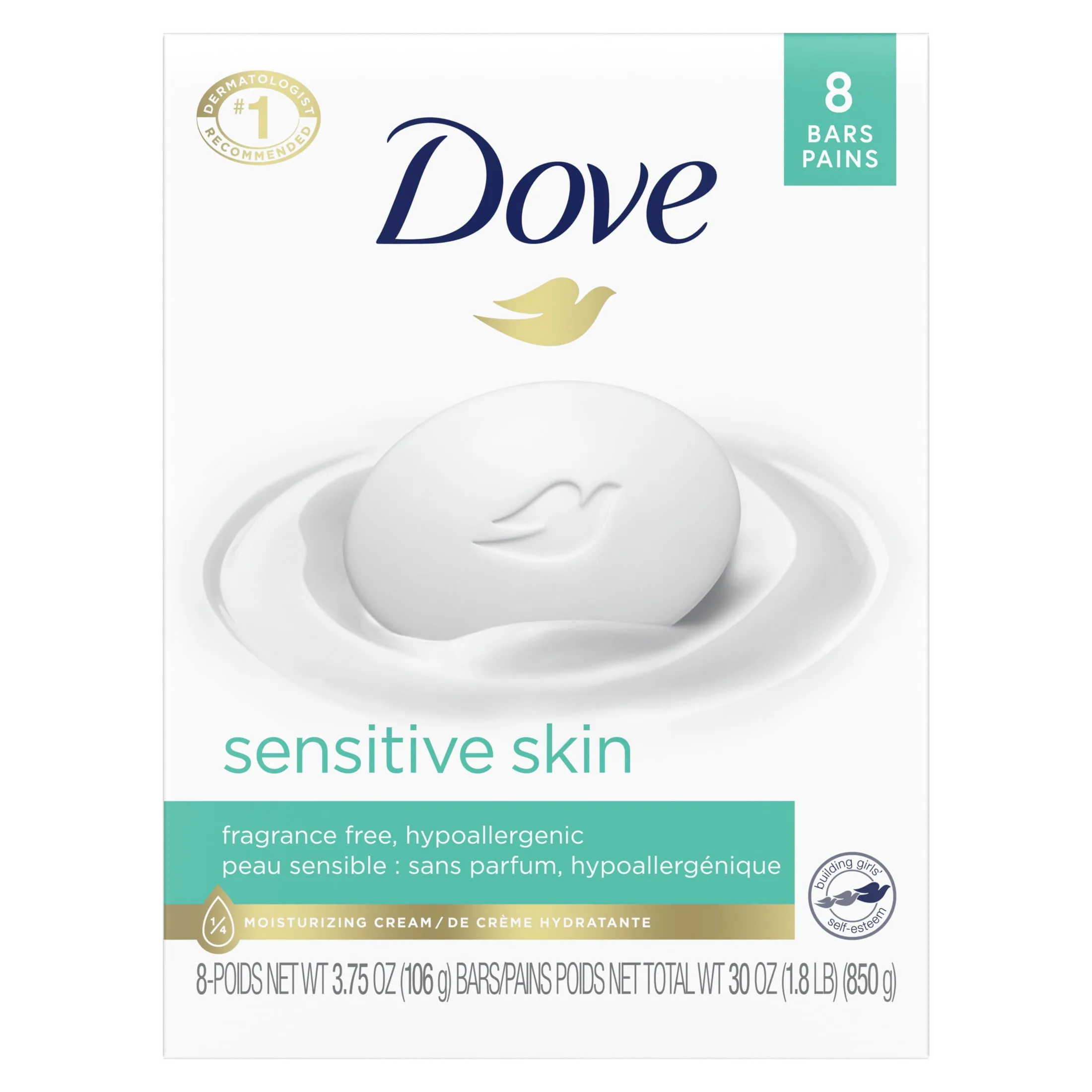 Dove Beauty Bar Sensitive Skin More Moisturizing Than Bar Soap , 3.75 oz, 8 Bars