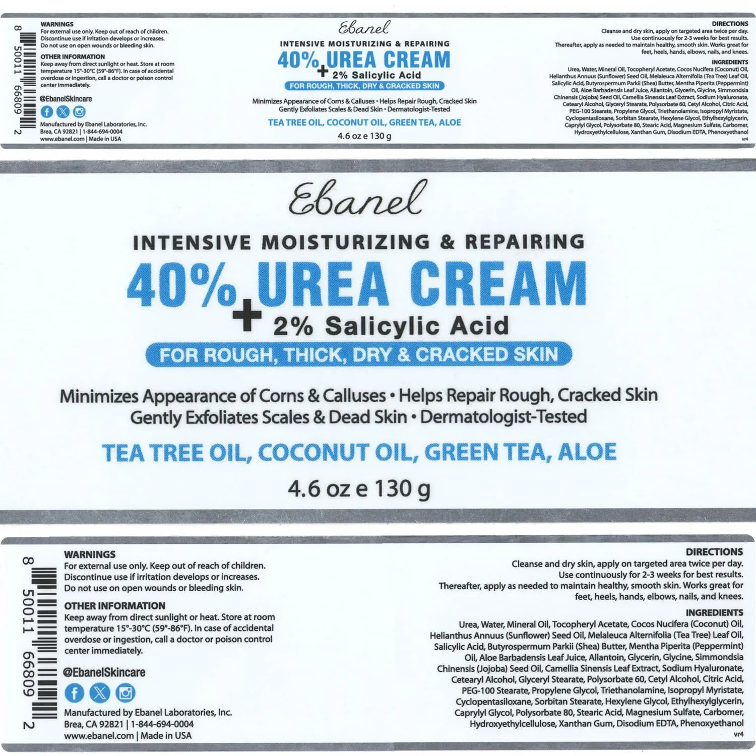 Ebanel Urea Cream 40% plus Salicylic Acid 2%, Foot Cream for Dry Cracked Heels Feet Knees Elbows Hands, Foot Dead Skin Cuticle Callus Remover Toenail Softener, Skin Barrier Repair Cream, 2-Pack