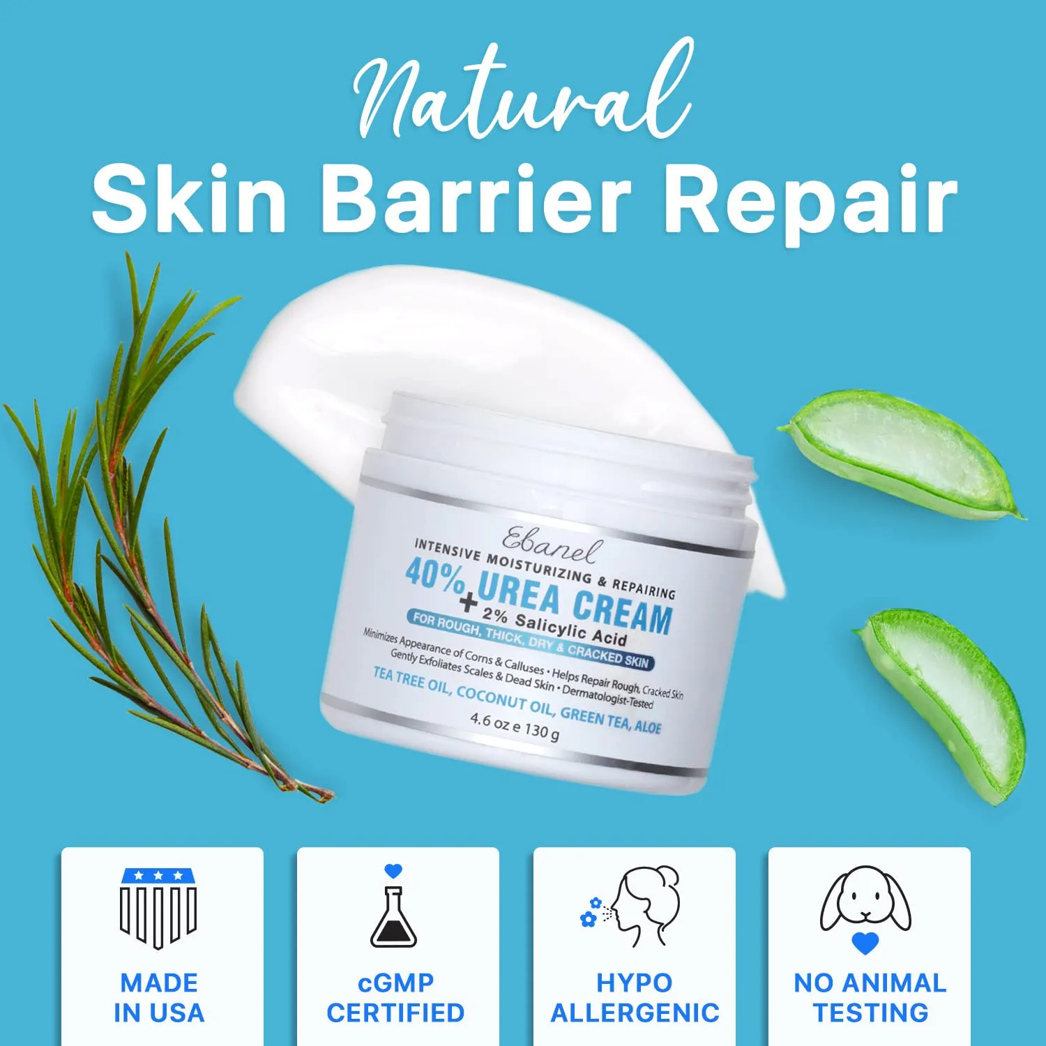 Ebanel Urea Cream 40% plus Salicylic Acid 2%, Foot Cream for Dry Cracked Heels Feet Knees Elbows Hands, Foot Dead Skin Cuticle Callus Remover Toenail Softener, Skin Barrier Repair Cream, 2-Pack