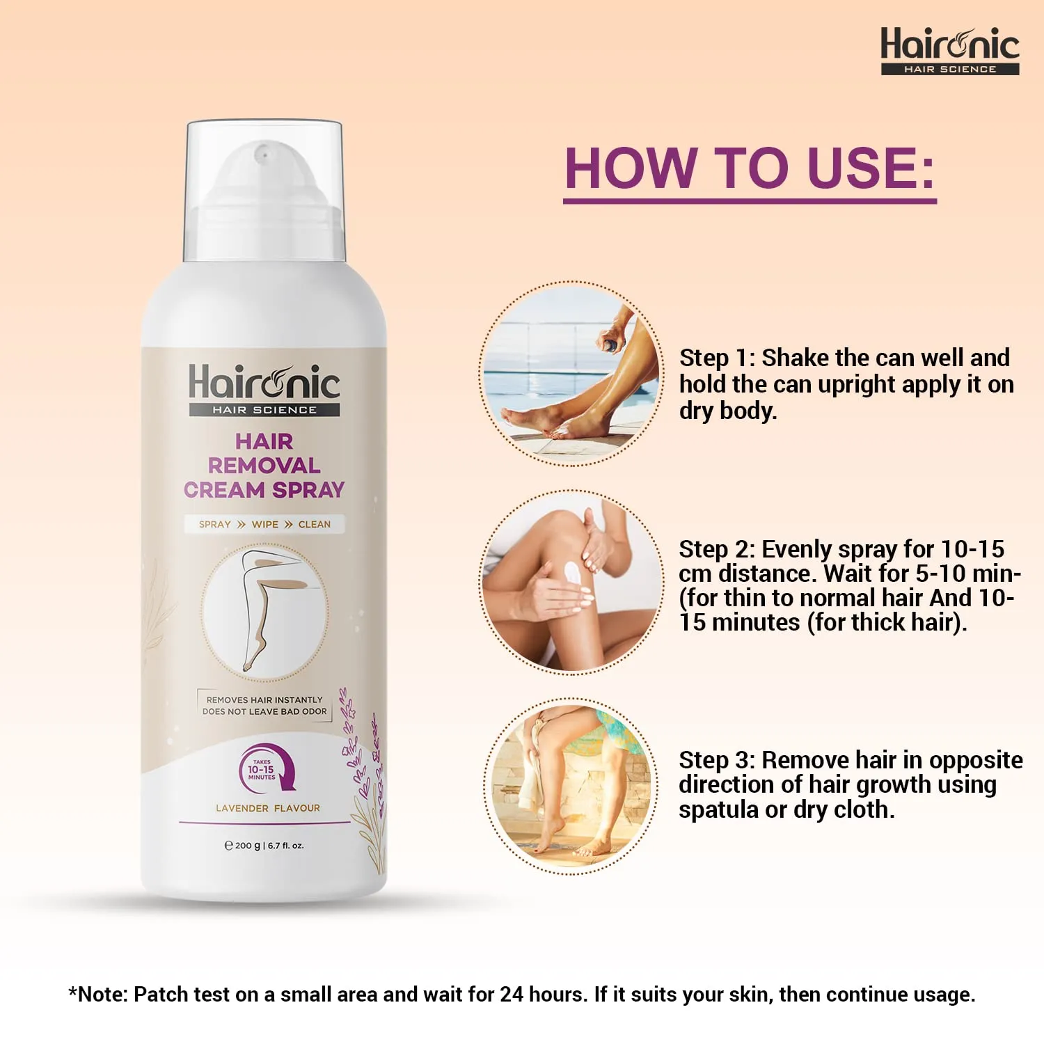 Haironic Hair Removal Cream Spray | Painless Hair Remover Spray for Arms, Legs & Armpits | Removes Hair in 10 Minutes with Skin Detan | Lavender Flavor | For Women – 200gm (Pack of 10)