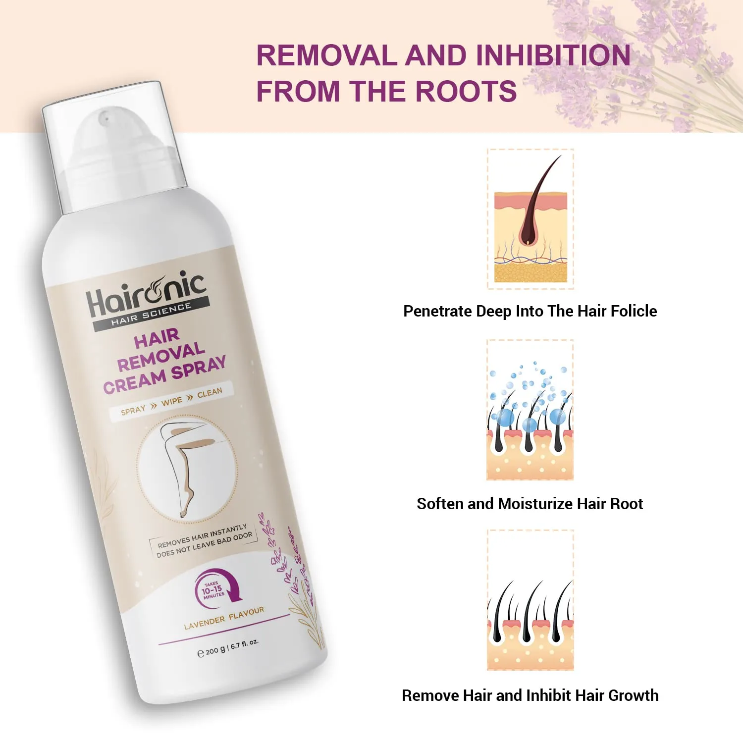 Haironic Hair Removal Cream Spray | Painless Hair Remover Spray for Arms, Legs & Armpits | Removes Hair in 10 Minutes with Skin Detan | Lavender Flavor | For Women – 200gm (Pack of 10)