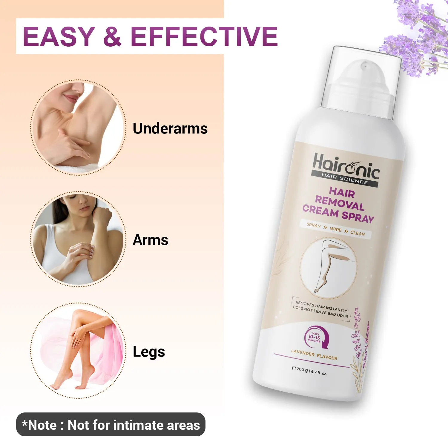 Haironic Hair Removal Cream Spray | Painless Hair Remover Spray for Arms, Legs & Armpits | Removes Hair in 10 Minutes with Skin Detan | Lavender Flavor | For Women – 200gm (Pack of 10)