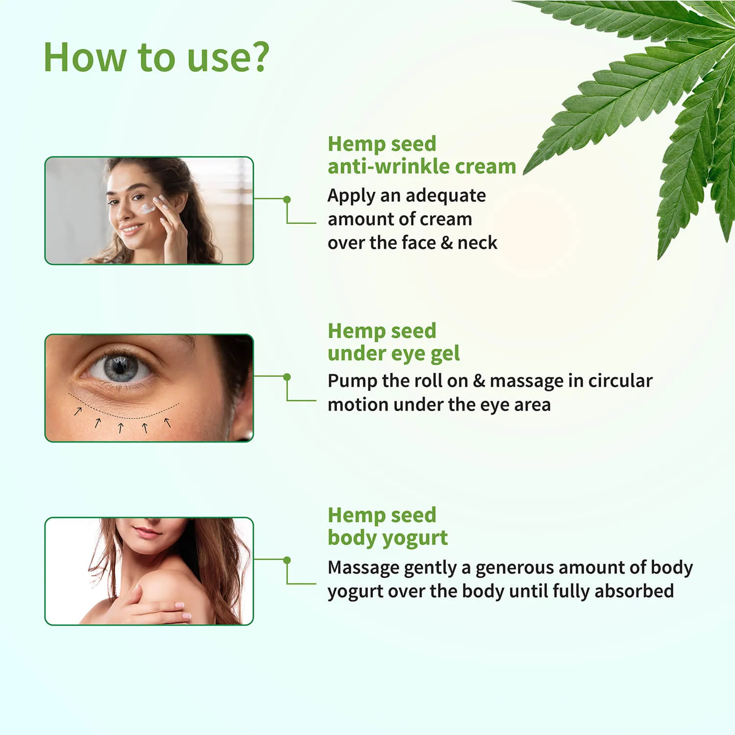 Hemp Collection ( Hemp Seed under eye gel 15g , Bodyogurt 200g, Wrinkle cream 50g )
