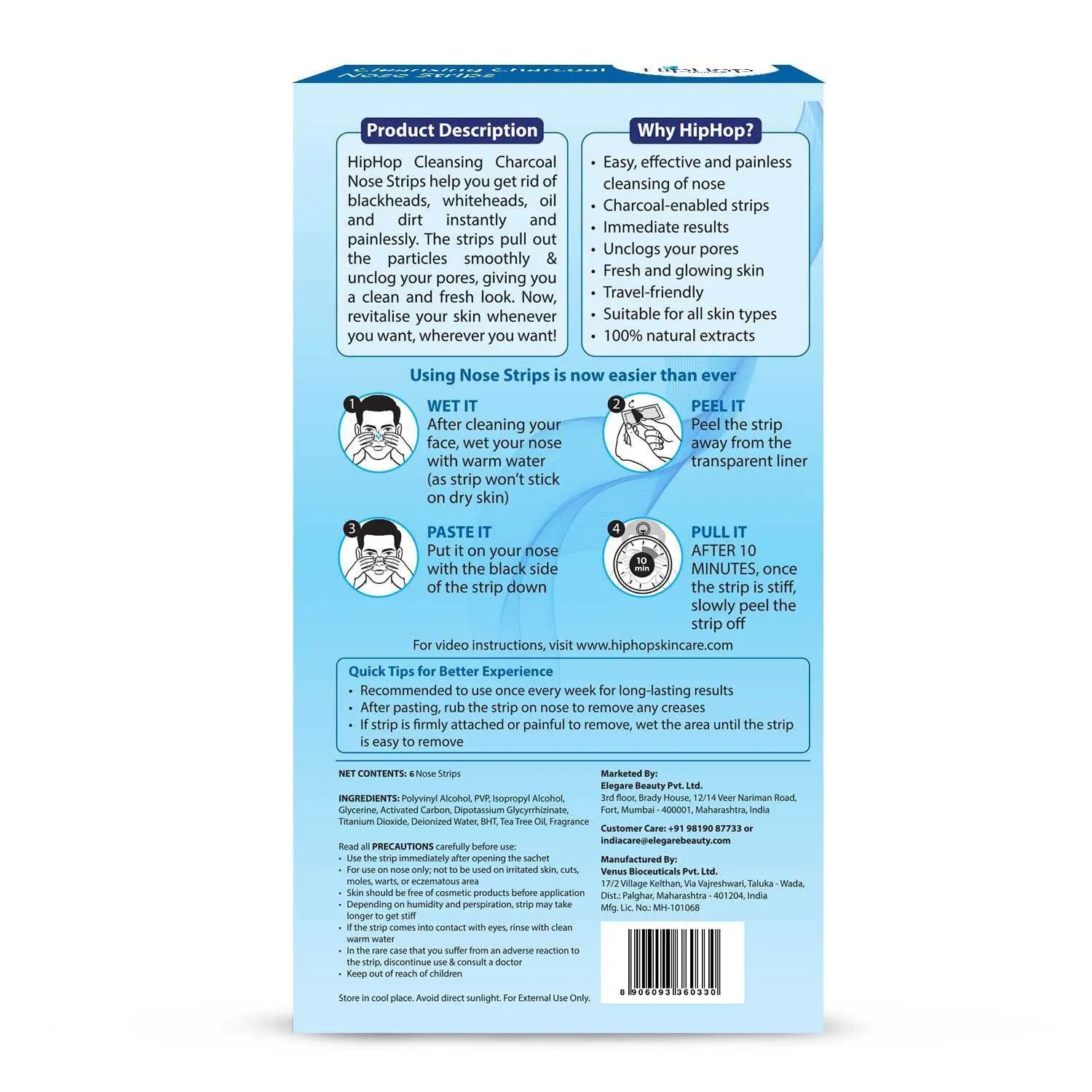 HipHop Blackhead Remover Nose Strips for Men (Activated Charcoal, 6 Strips)   Body Wax Strips (Choco Extract, 8 Strips)