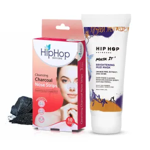 HipHop Blackhead Remover Nose Strips for Women (Activated Charcoal, 10 Strips)   Brightening Mud/Face Mask (Orange Peel Extract, 100 ml)