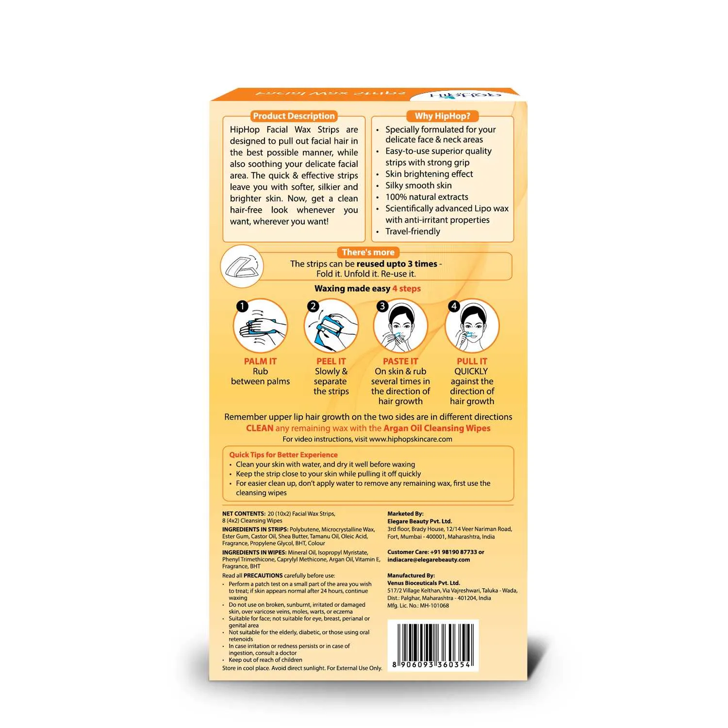 HipHop Facial Wax Strips (Argan Oil, 20 Strips)   Body Wax Strips (Aloe Vera, 8 Strips)