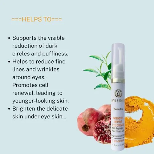 Hylunia Intensive Repair Eye Cream - 0.5 fl oz - Anti-Aging for Dark Circles and Wrinkles - with Vitamin E, Shea Butter, Hyaluronic Acid Serum - Natural Vegan Moisturizer
