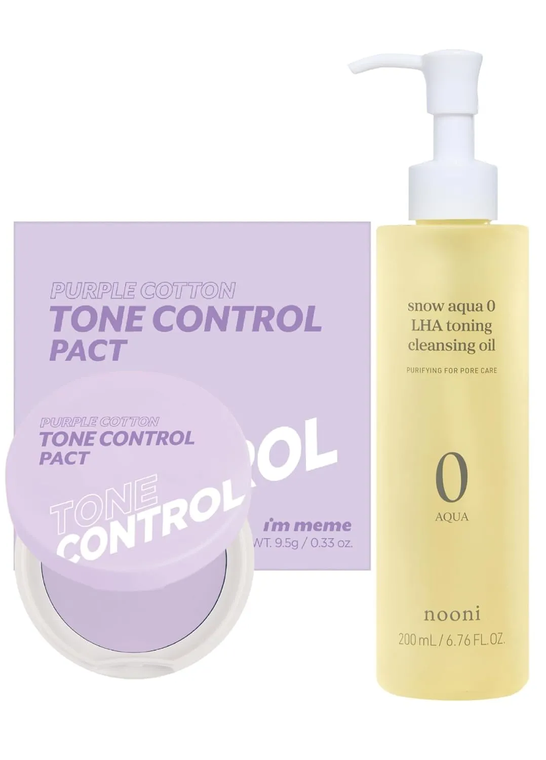 I'M MEME Compact - Purple Cotton Tone Control Pact, 0.33 Oz   NOONI Korean Cleansing Oil - Snow Aqua 0 LHA Toning Pore Care Korean Facial Oil Cleanser, 6.76 fl.oz Bundle