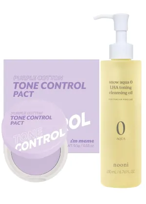 I'M MEME Compact - Purple Cotton Tone Control Pact, 0.33 Oz   NOONI Korean Cleansing Oil - Snow Aqua 0 LHA Toning Pore Care Korean Facial Oil Cleanser, 6.76 fl.oz Bundle