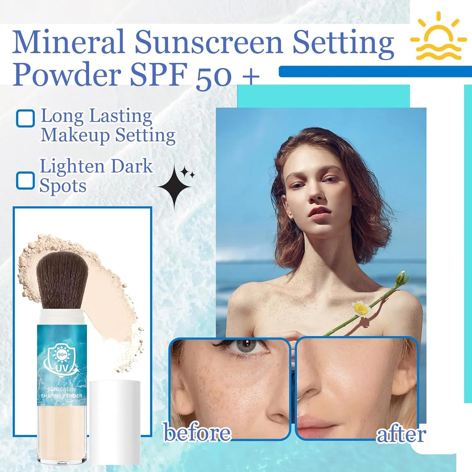 Mineral Sunscreen Setting Powder SPF 50  ,Mineral Brush Powder,Oil Control Setting Powder Sunscreen for Face,Matte Translucent Brush On Sunscreen Powder,Oil Control Lightweight Face Powder for Makeup