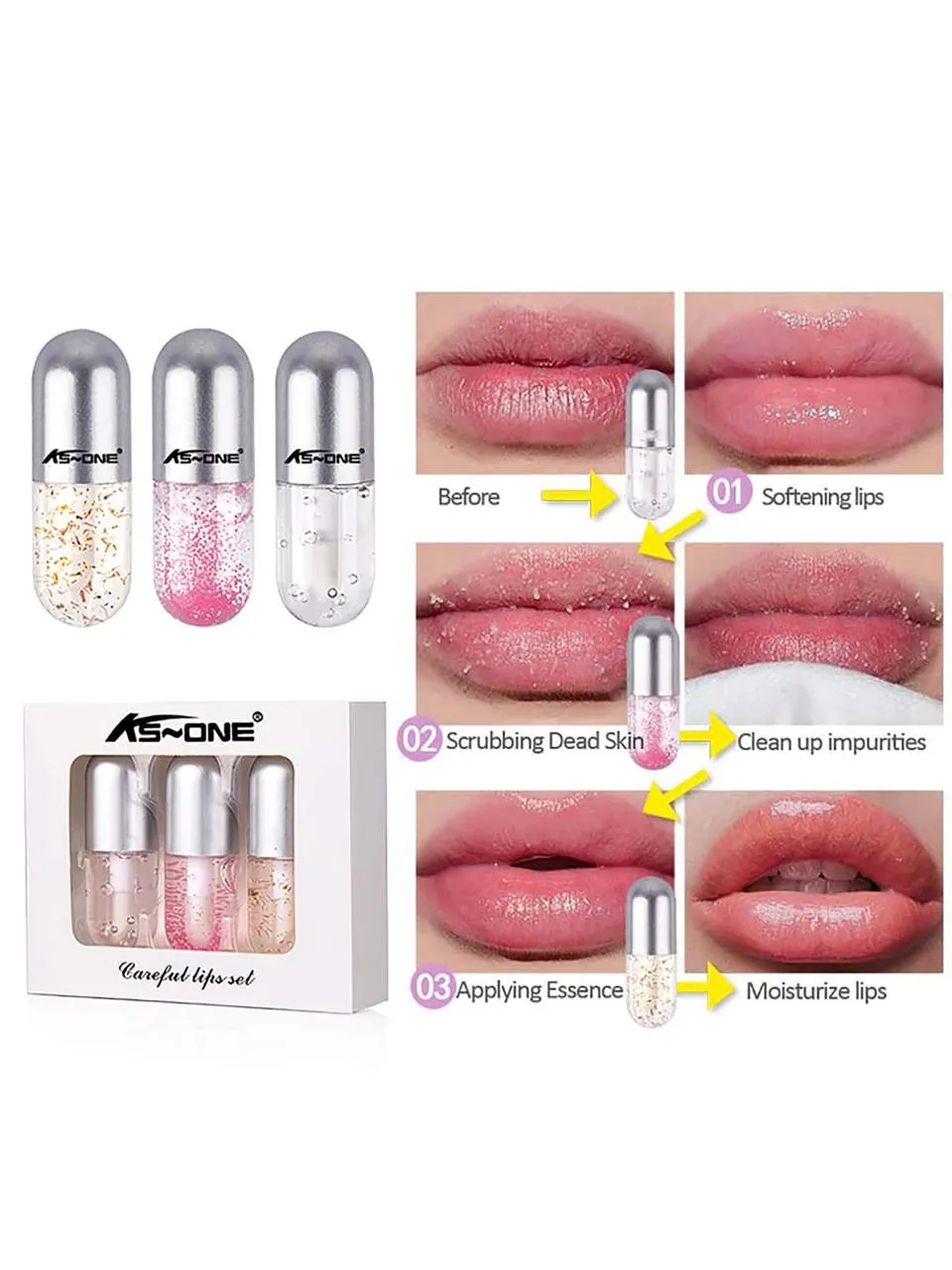 Miss Beauty New Lip Care 3-step Set, Including Lip Scrub, Moisturizing Lip Gloss And Lip Balm For Girls and For Women