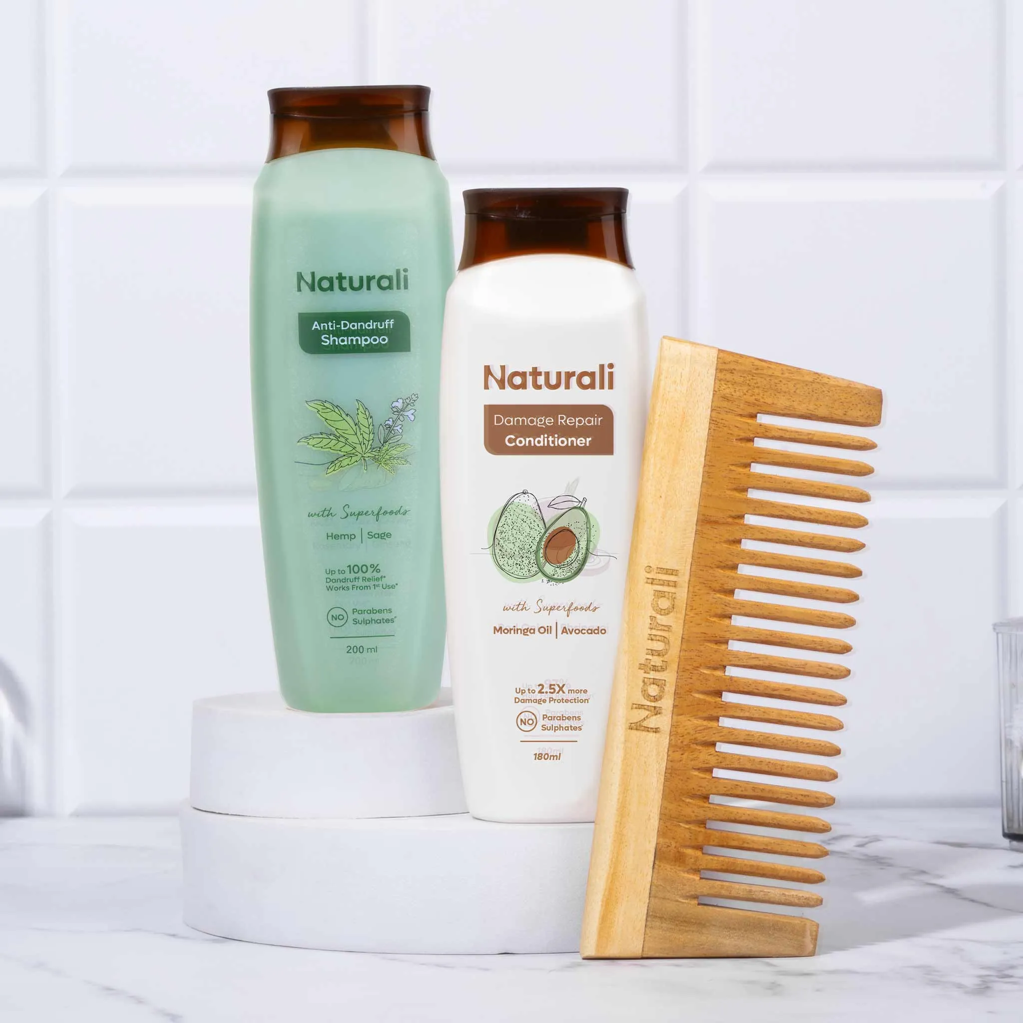 Naturali Anti-Dandruff Shampoo   Damage Repair Conditioner   Wooden Neem Comb