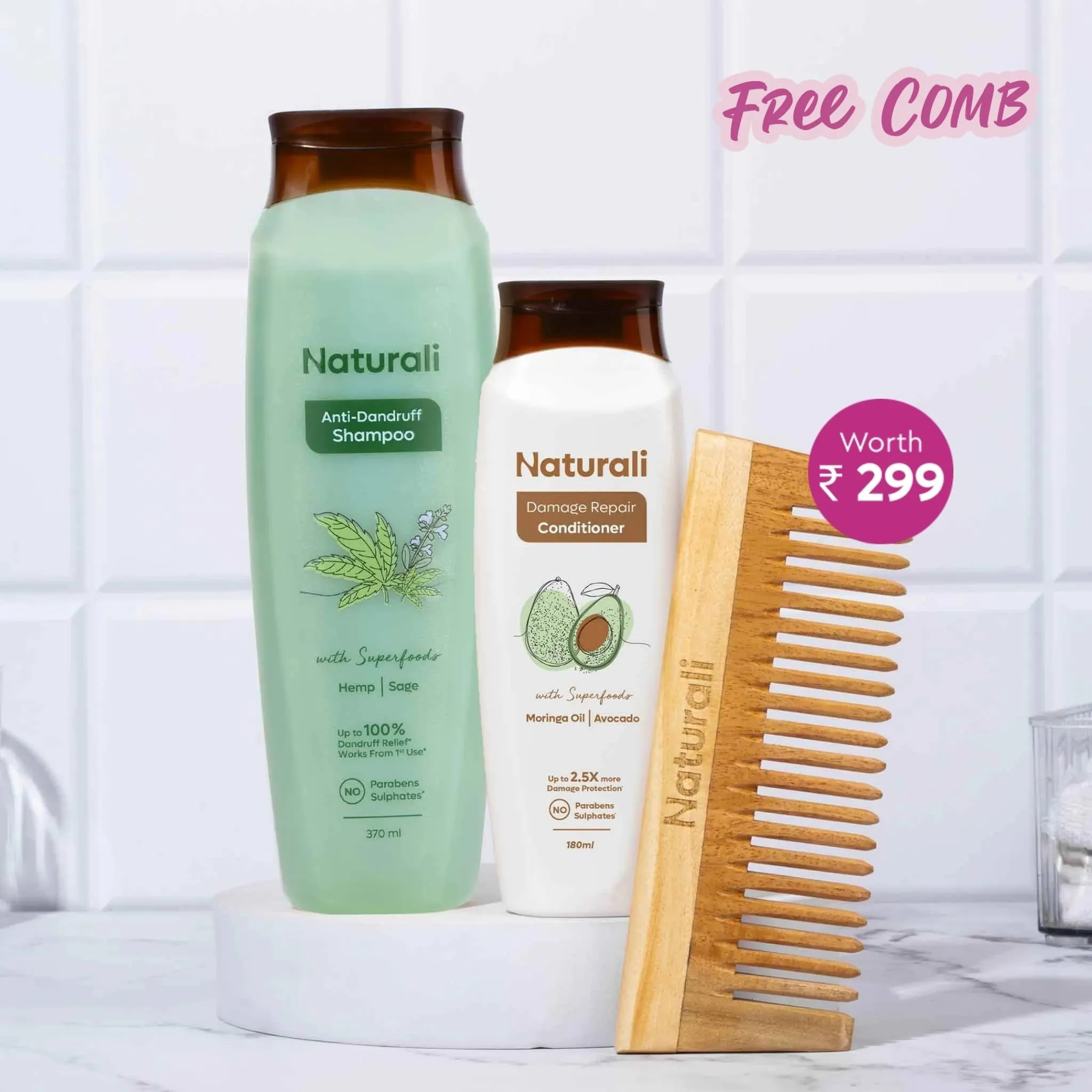 Naturali Anti-Dandruff Shampoo   Damage Repair Conditioner   Wooden Neem Comb