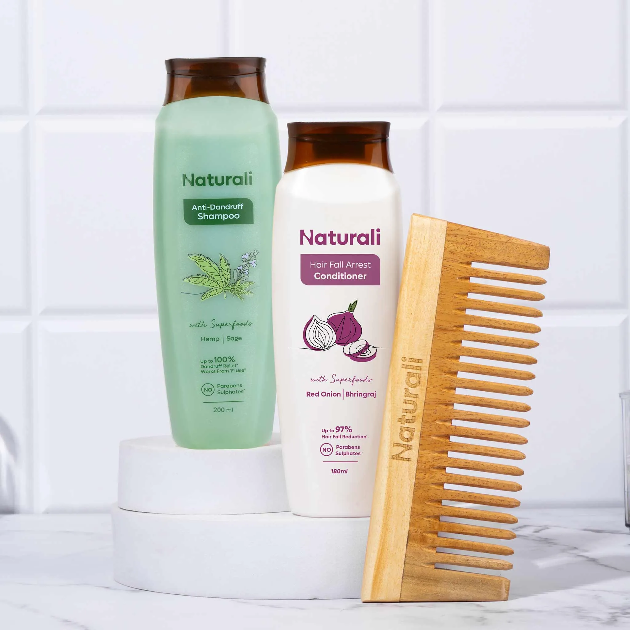 Naturali Anti-Dandruff Shampoo   Hairfall Arrest Conditioner   Wooden Neem Comb