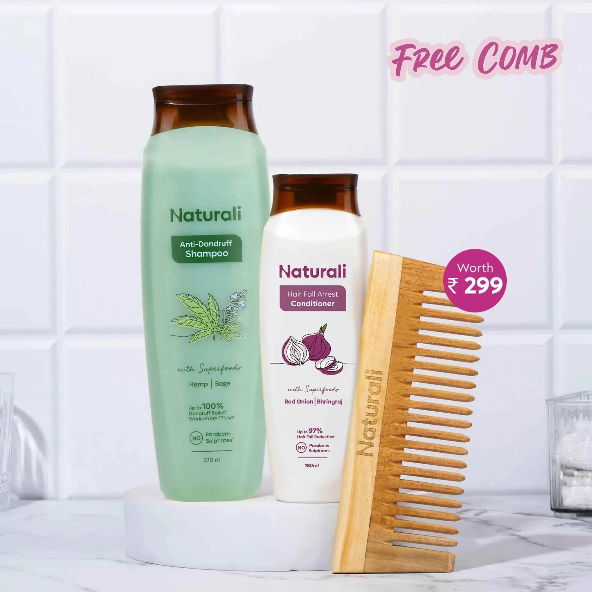 Naturali Anti-Dandruff Shampoo   Hairfall Arrest Conditioner   Wooden Neem Comb