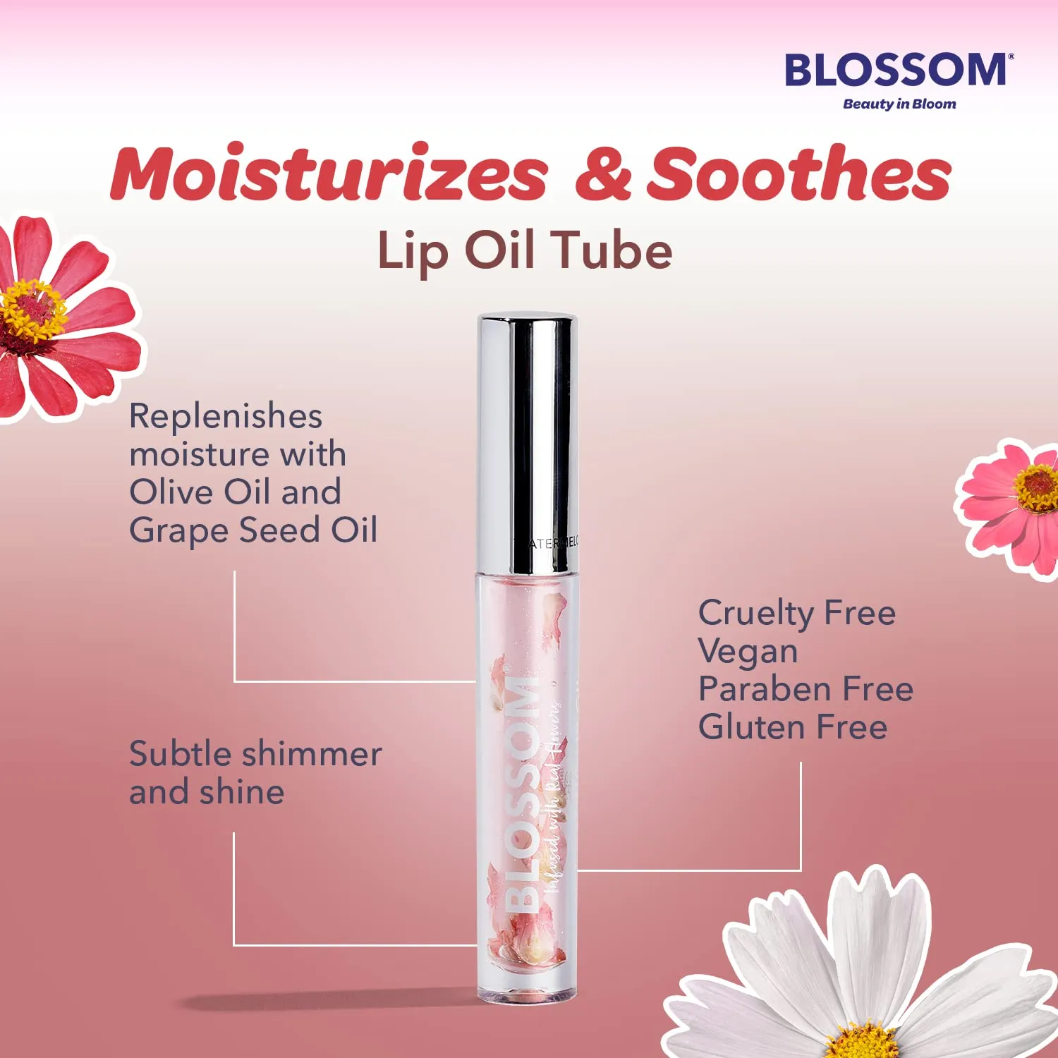 New Blossom Scented Moisturizing and Hydrating Shimmer Sparkle Lip Oil, Infused with Real Flowers, 3g, Watermelon