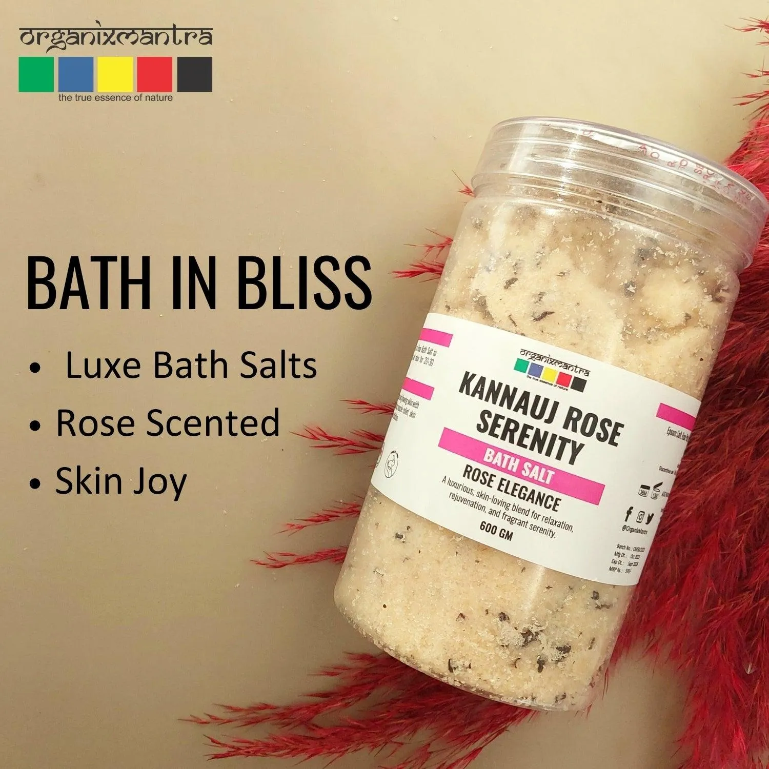 Organix Mantra Kannauj Rose Serenity Bath Salt - Soothing Epsom Blend with Natural Rose Petals and Rose Oil for Relaxing Spa Experience|  Hydrating Skin Soak - 600G