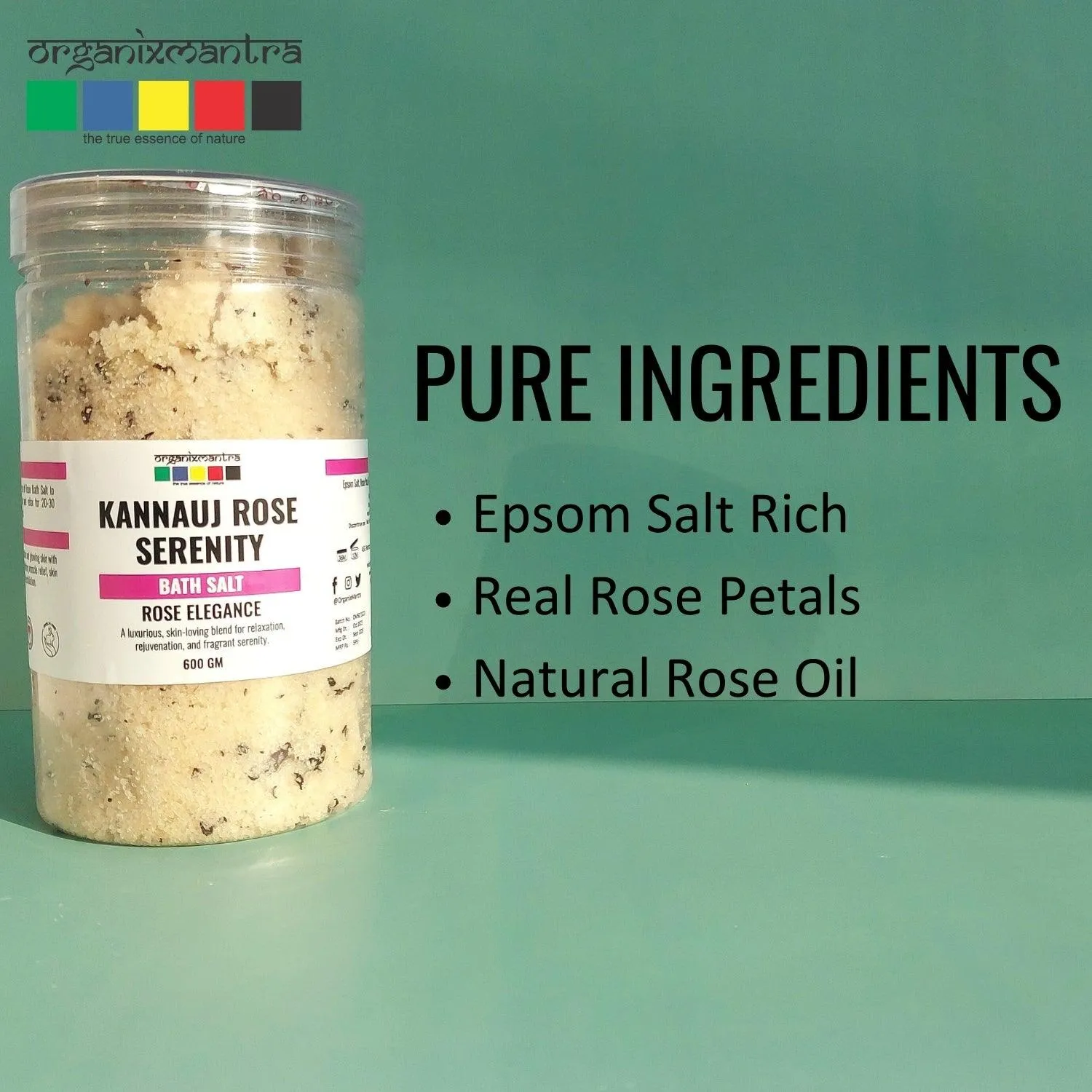 Organix Mantra Kannauj Rose Serenity Bath Salt - Soothing Epsom Blend with Natural Rose Petals and Rose Oil for Relaxing Spa Experience|  Hydrating Skin Soak - 600G