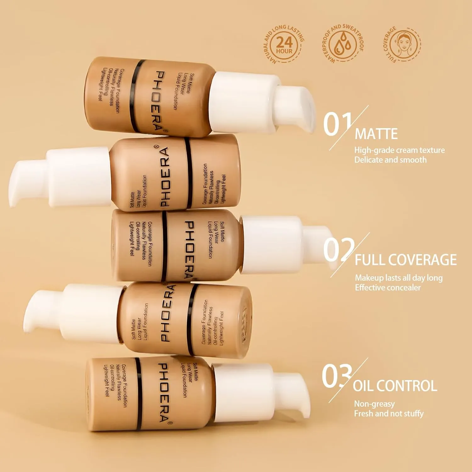 PHOERA Foundation Makeup, Flawless Soft Matte Oil Control Liquid Foundation, Full Coverage Mattle Oil-Control Concealer for Older Women, Great Choice For Gift (#102 Nude)