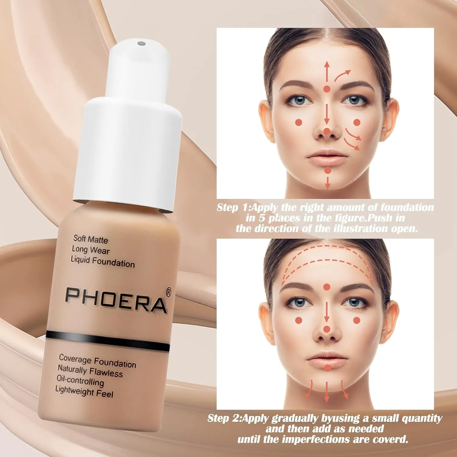PHOERA Foundation Makeup, Flawless Soft Matte Oil Control Liquid Foundation, Full Coverage Mattle Oil-Control Concealer for Older Women, Great Choice For Gift (#102 Nude)