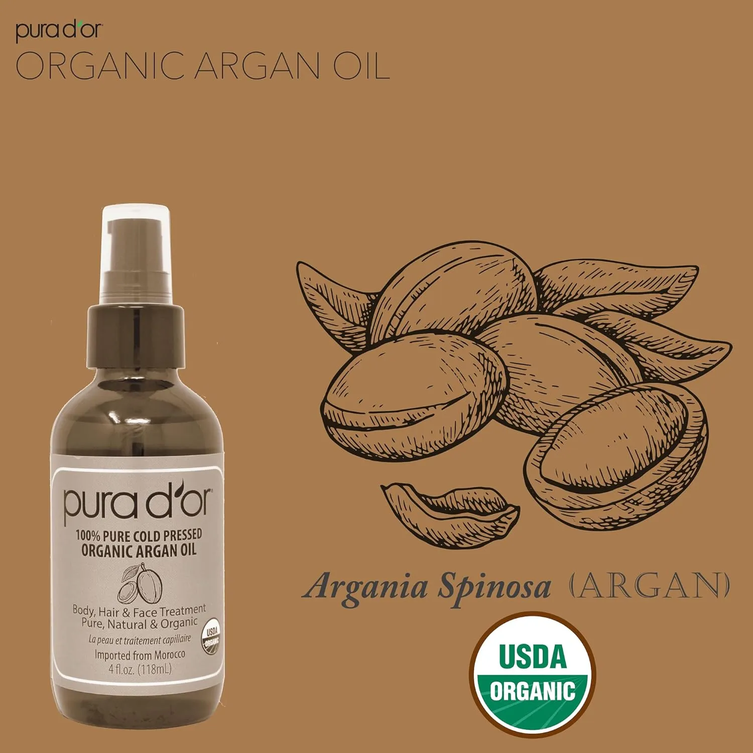 PURA D'OR 4 Oz ORGANIC Moroccan Argan Oil