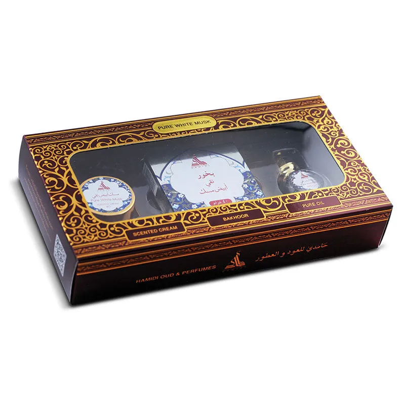 PURE WHITE MUSK SCENTED CREAM 8 GM   BAKHOOR 40GM   CPO 15ML - 3 PIECES GIFT SET