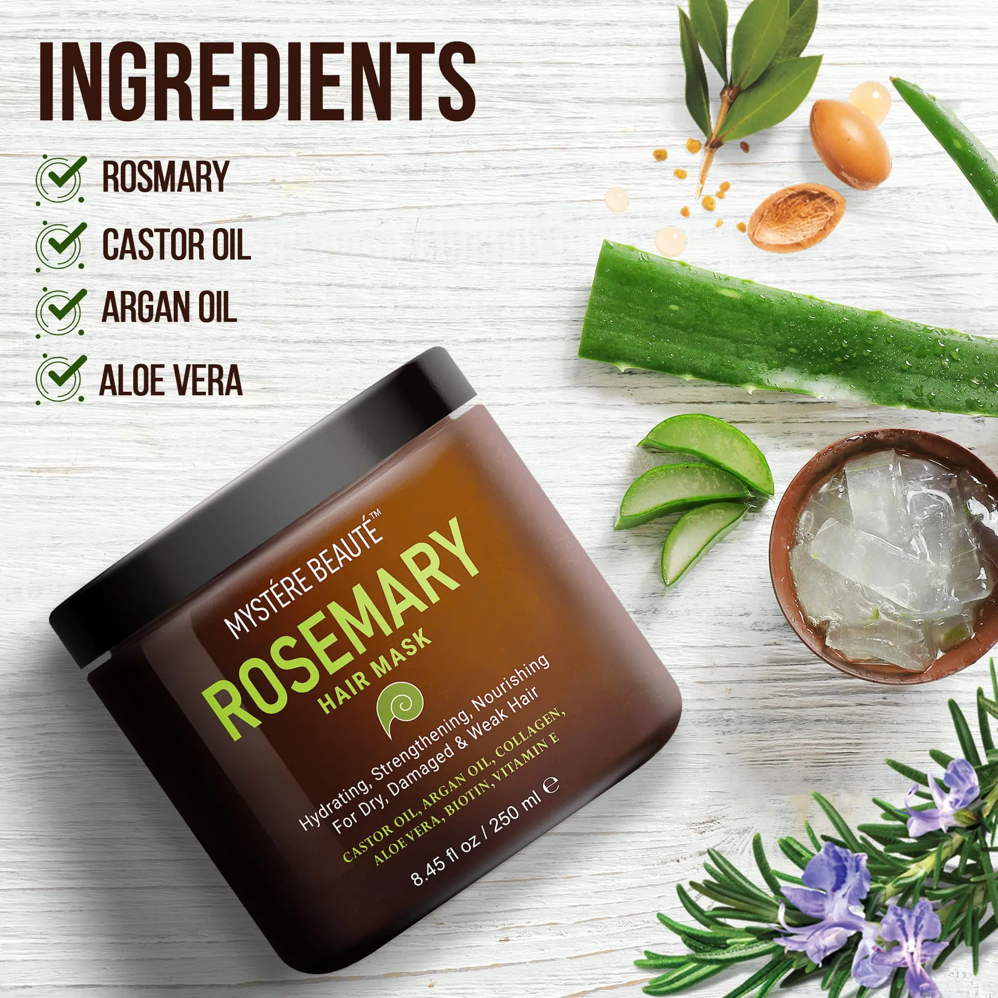 "MYSTRE BEAUT Hair Mask Conditioner - Nourishing and Hydrating, Rosemary & Keratin Synergy, Deep for Dry Damaged, Total Care Solution, All Hair Types, Made in USA, 1 Jar 8.45 fl oz"