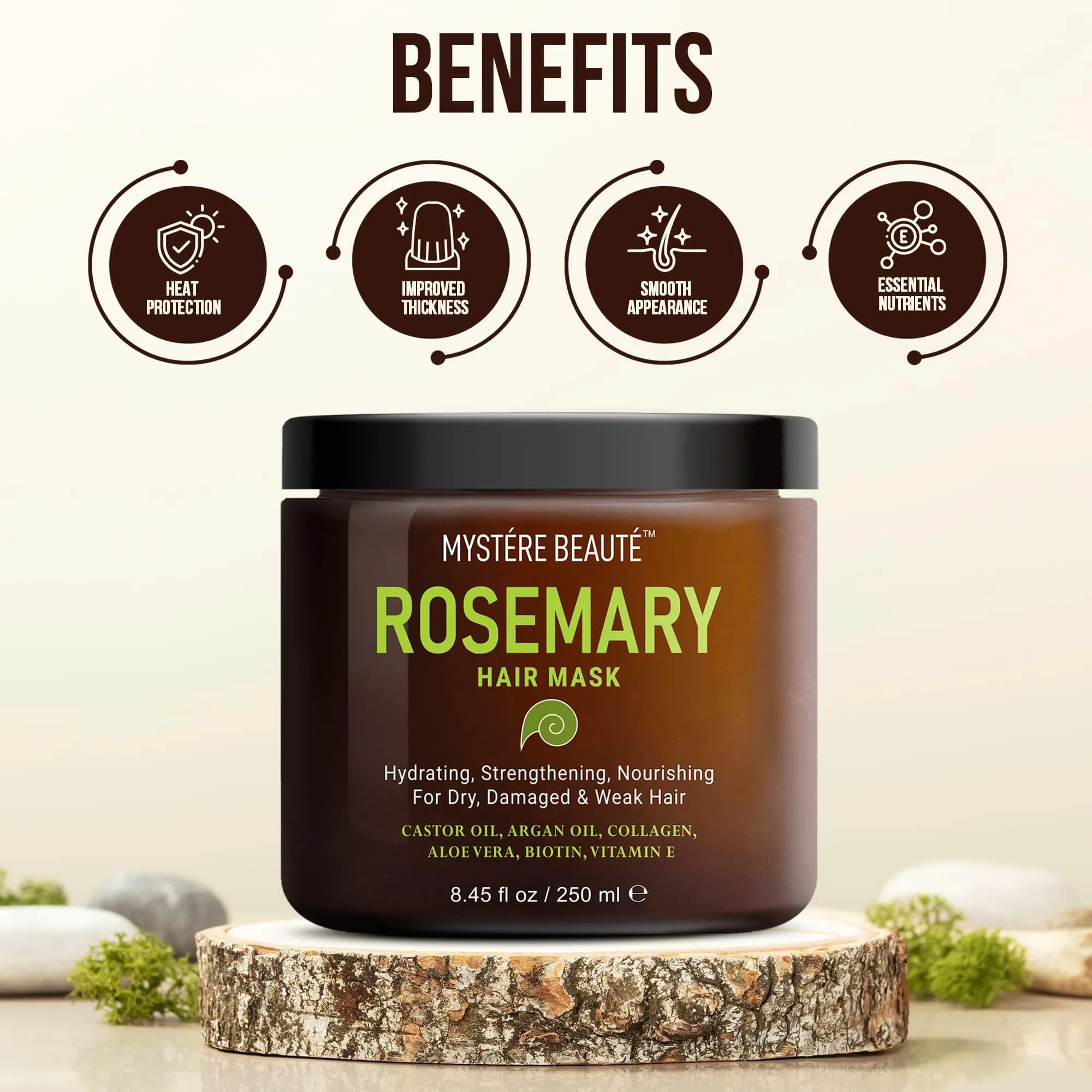 "MYSTRE BEAUT Hair Mask Conditioner - Nourishing and Hydrating, Rosemary & Keratin Synergy, Deep for Dry Damaged, Total Care Solution, All Hair Types, Made in USA, 1 Jar 8.45 fl oz"