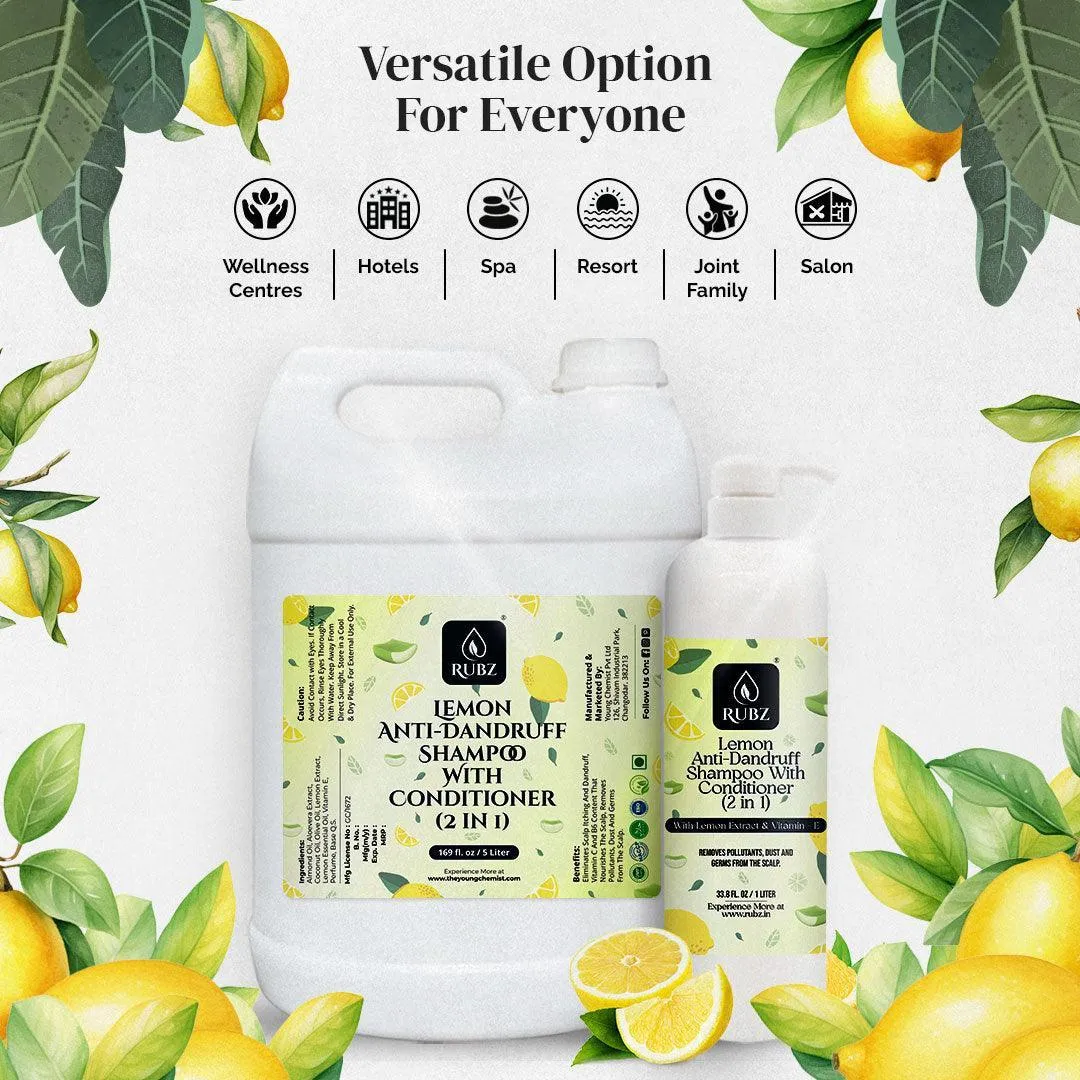 Rubz Lemon Anti-Dandruff Shampoo with Conditioner (2 in 1) | With the Goodness of Lemon & Ginger Extracts | For Itchy & Flaky Scalp | For Women & Men | Best for Spa, Salon, Hotel, Family | 5 Litre