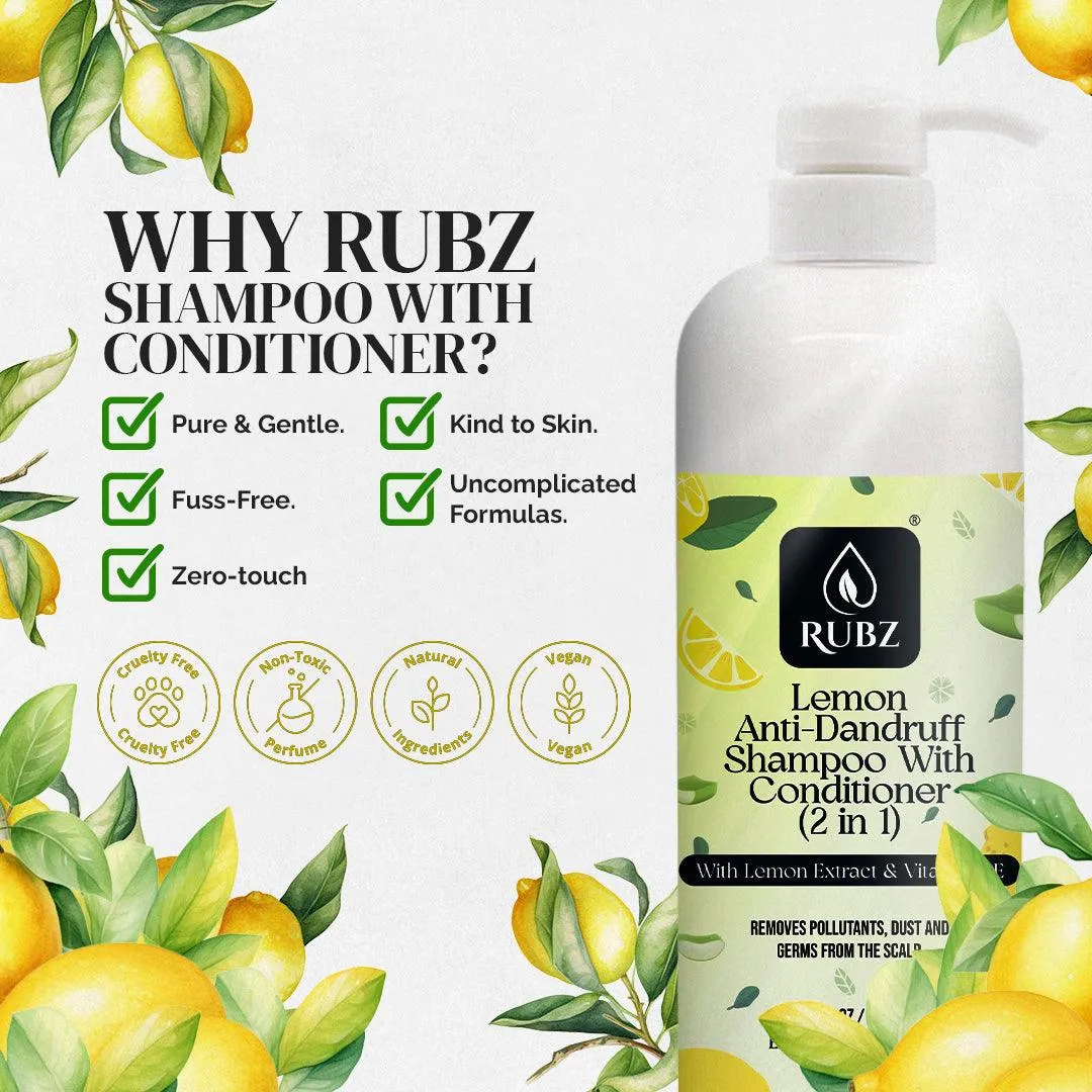 Rubz Lemon Anti-Dandruff Shampoo with Conditioner (2 in 1) | With the Goodness of Lemon & Ginger Extracts | For Itchy & Flaky Scalp | For Women & Men | Best for Spa, Salon, Hotel, Family | 5 Litre