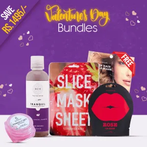 Valentine's Day Bundle ( Perfect Lips Lip Balm, Tranquil Body Wash, Rose Lip Mask, Slice Mask Strawberry, Luster Hair Capsule Mask )