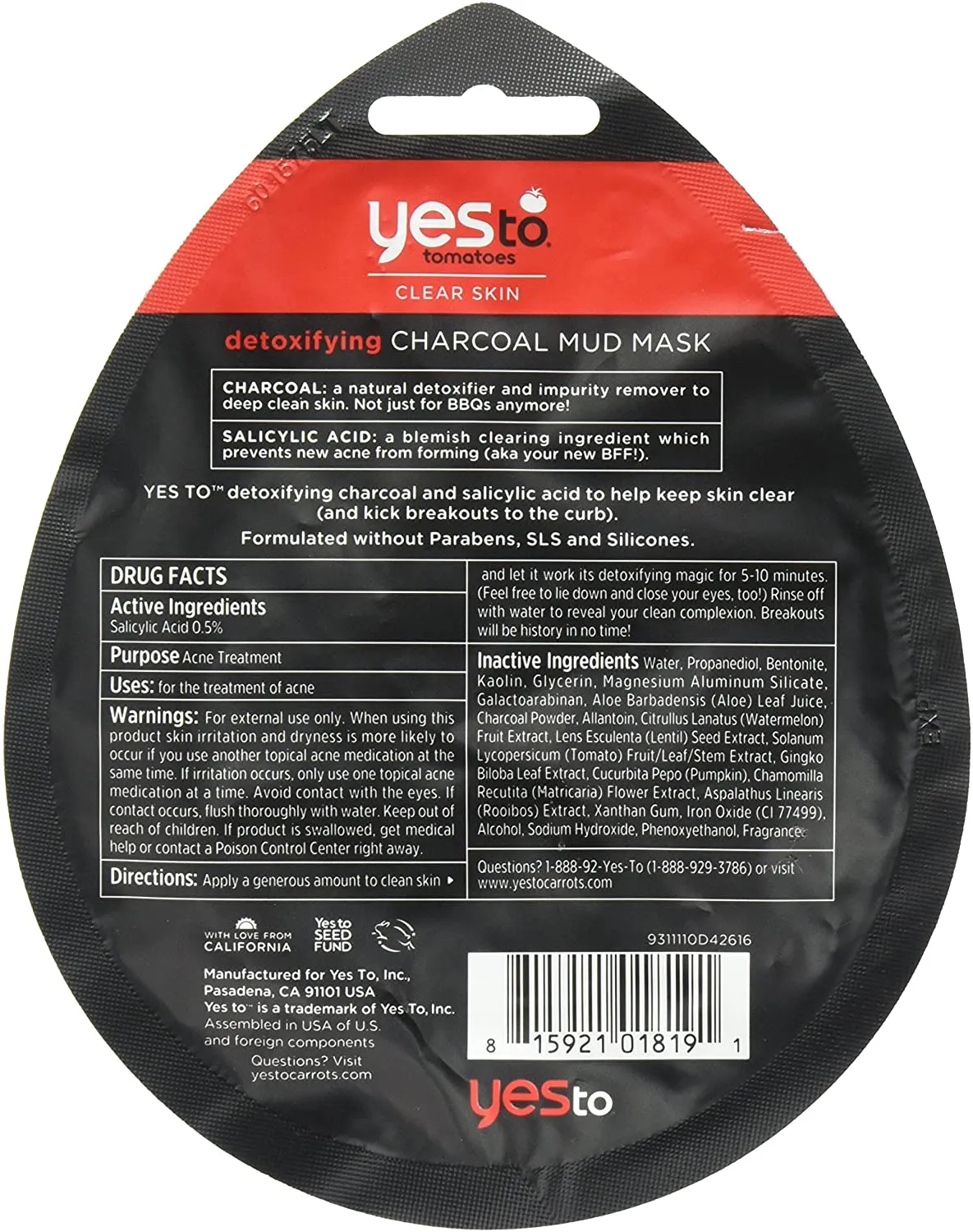 Yes To Tomatoes Clear Skin Acne with Salicylic Acid Charcoal Mud Mask, 1 single Use Mask